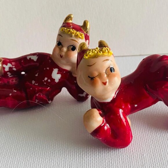 Vintage Lefton Little Red Devil Pixie Figurines: Wee Folks Elf Decor - Picture 1 of 10